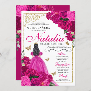 Fuchsia Pink Gold Princess Butterflies Quinceañera Invitation