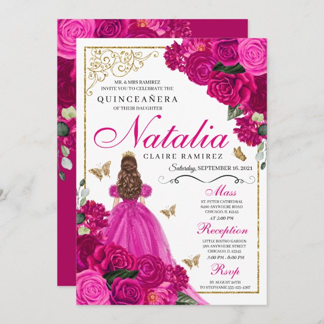 Fuchsia Pink Gold Princess Butterflies Quinceañera Invitation (Front/Back)