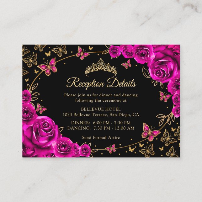 Fuchsia Pink Gold Quinceanera Reception Details Enclosure Card (Front)