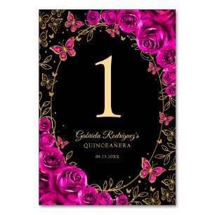 Fuchsia Pink Gold Quinceanera Table Number