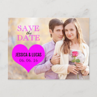 FUCHSIA PINK HEART PHOTO SAVE THE DATE ANNOUNCEMENT POSTCARD