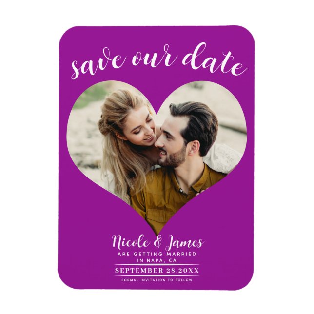 Fuchsia Pink Heart Photo Wedding Save the Date Magnet (Vertical)