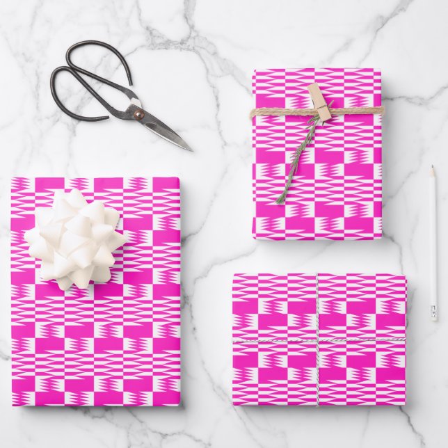 Fuchsia Pink Kente Set of 3 Wrapping Paper Sheet (Front)
