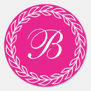 Fuchsia Pink Laurel Wreath with Custom Monogram Classic Round Sticker