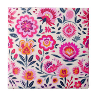 Fuchsia Pink Mexican Flowers BOHO Chic Floral Tile
