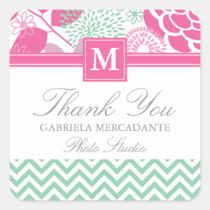Fuchsia Pink Mint Green Chevron Floral Monogrammed Square Sticker