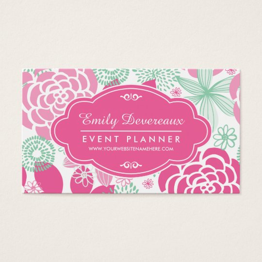 Fuchsia Pink Mint Green Girly Floral Personalised Business Card
