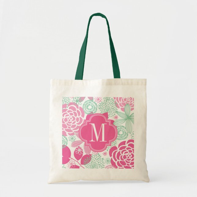 Fuchsia Pink Mint Green Girly Floral Personalised Tote Bag (Front)
