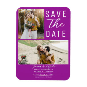 Fuchsia Pink Modern 2 Photos Save the Date Wedding Magnet