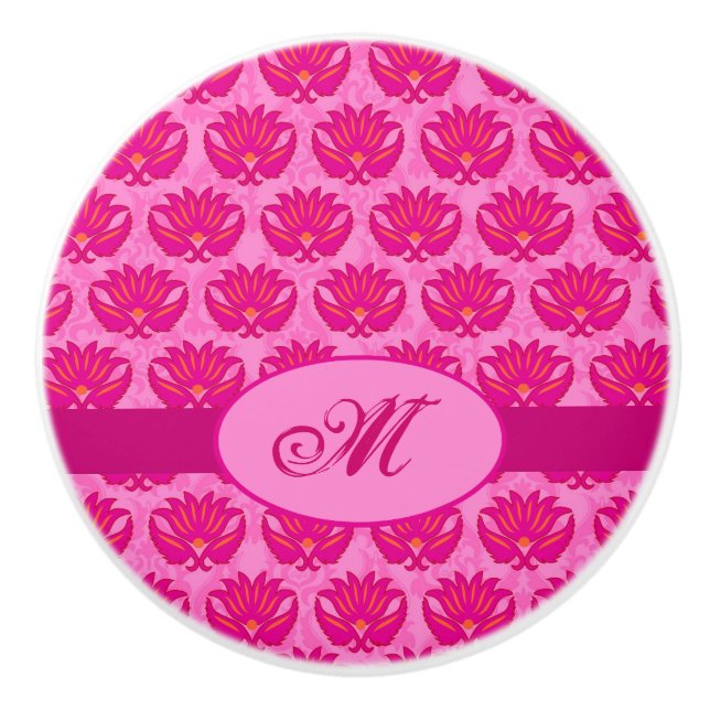 Fuchsia Pink Modern Art Nouveau Damask Monogram Ceramic Knob (Front)