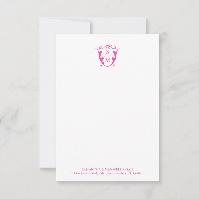 Fuchsia Pink Monogram Personalised Stationery Thank You Card (Front)