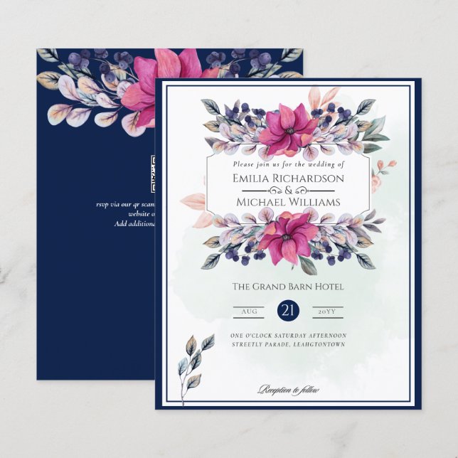 Fuchsia Pink Navy Blue Floral Chic Wedding (Front/Back)