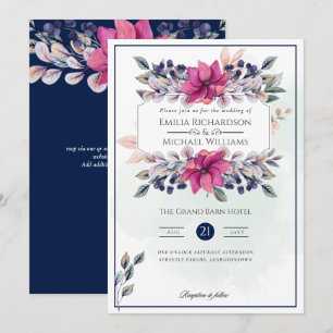 Fuchsia Pink Navy Blue Floral Chic Wedding Invitation