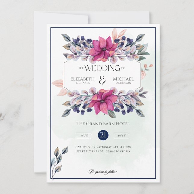 Fuchsia Pink Navy Blue Floral Chic Wedding Invitation (Front)