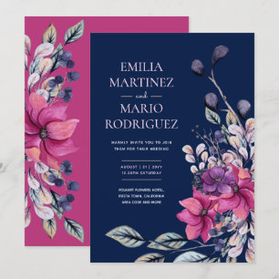 Fuchsia Pink Navy Blue Floral Wedding Budget Invitation