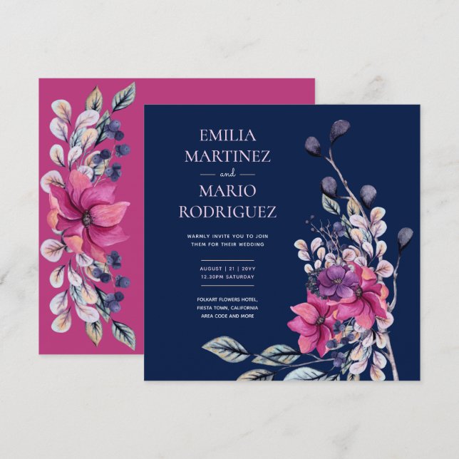 Fuchsia Pink Navy Blue Floral Wedding Budget Invitation (Front/Back)