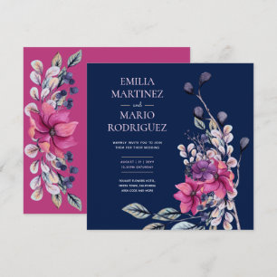 Fuchsia Pink Navy Blue Floral Wedding Budget Invitation