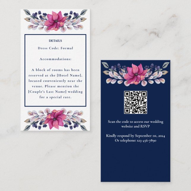 Fuchsia Pink Navy Details Enclosure QR Code RSVP Card (Front/Back)