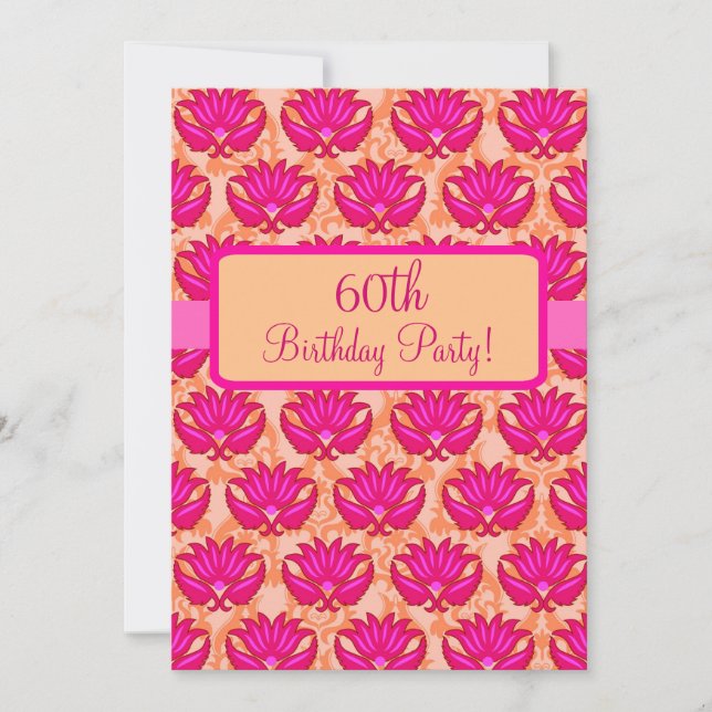 Fuchsia Pink Orange Damask 60th Birthday Party Invitation (Front)