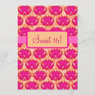 Fuchsia Pink Orange Damask Sweet 16 Birthday Party Invitation