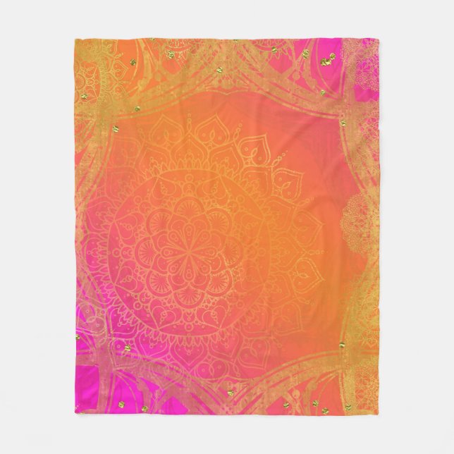 Fuchsia Pink Orange & Gold Indian Mandala Glam Fleece Blanket (Front)