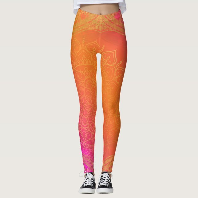 Fuchsia Pink Orange & Gold Indian Mandala Glam Leggings (Front)