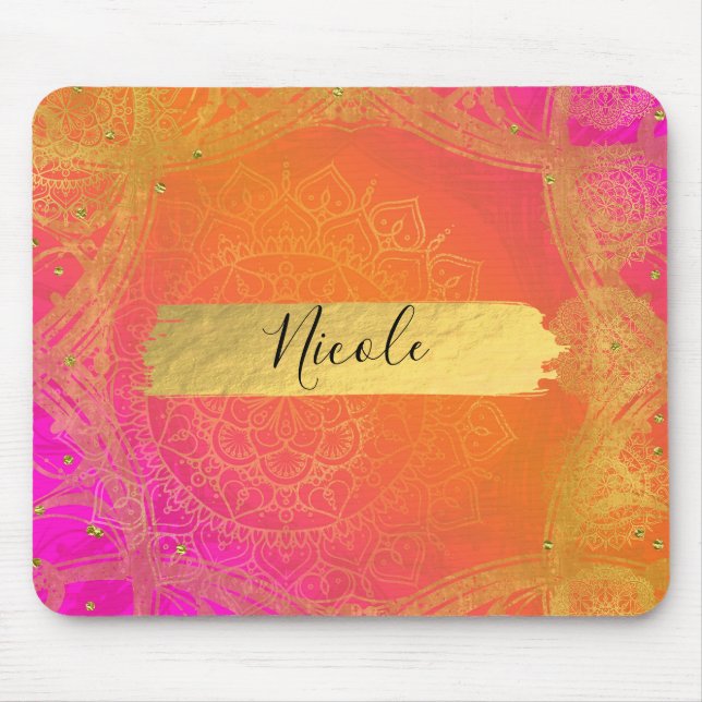 Fuchsia Pink Orange & Gold Indian Mandala Glam Mouse Mat (Front)