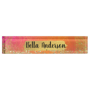 Fuchsia Pink Orange & Gold Indian Mandala Glam Nameplate