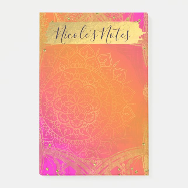 Fuchsia Pink Orange & Gold Indian Mandala Glam Post-it Notes (Front)