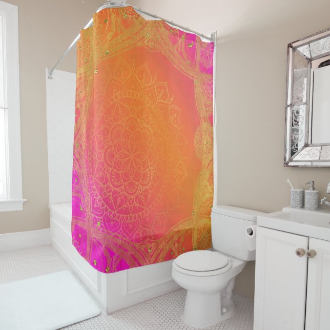 Fuchsia Pink Orange & Gold Indian Mandala Glam Shower Curtain (In Situ)