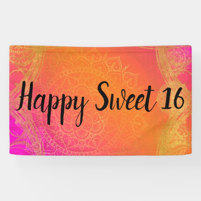 Fuchsia Pink Orange & Gold Indian Mandala Party Banner (Horizontal)