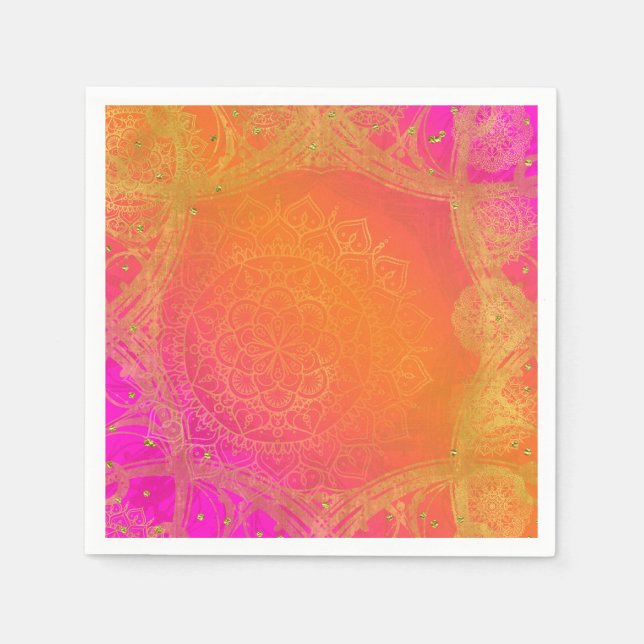 Fuchsia Pink Orange & Gold Indian Mandala Party Napkin (Front)