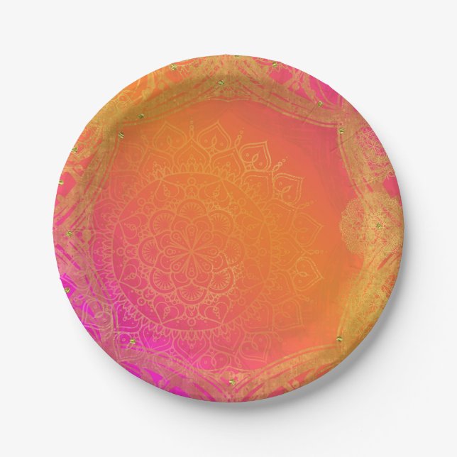 Fuchsia Pink Orange & Gold Indian Mandala Party Paper Plate (Front)