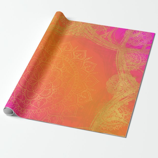 Fuchsia Pink Orange & Gold Indian Mandala Party Wrapping Paper (Unrolled)