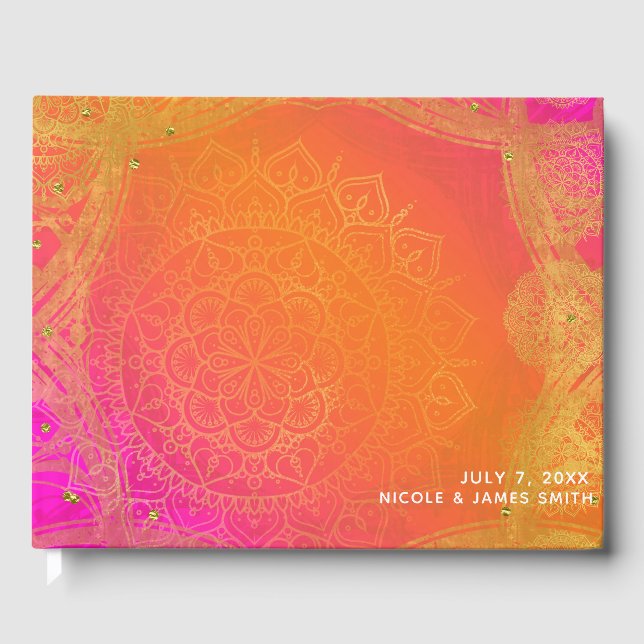 Fuchsia Pink Orange Gold Indian Mandala Wedding Guest Book (Front)