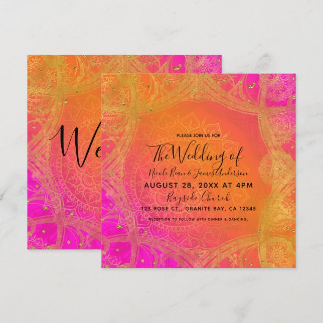 Fuchsia Pink Orange Gold Indian Mandala Wedding Invitation (Front/Back)