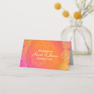 Fuchsia Pink Orange Gold Indian Mandala Wedding Place Card