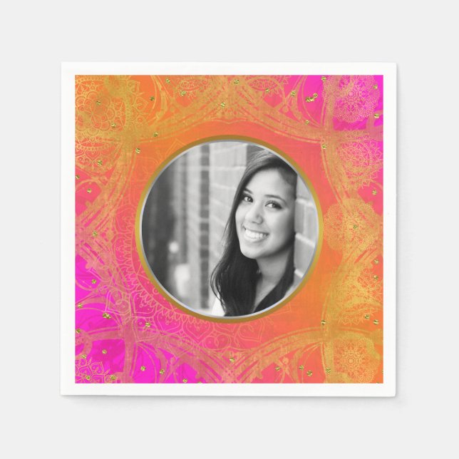 Fuchsia Pink Orange Gold Mandala PHOTO Party Napkin (Front)