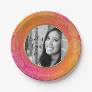 Fuchsia Pink Orange Gold Mandala PHOTO Party Paper Plate