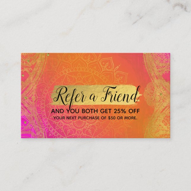 Fuchsia Pink Orange & Gold Mandala Refer a Friend Referral Card (Front)