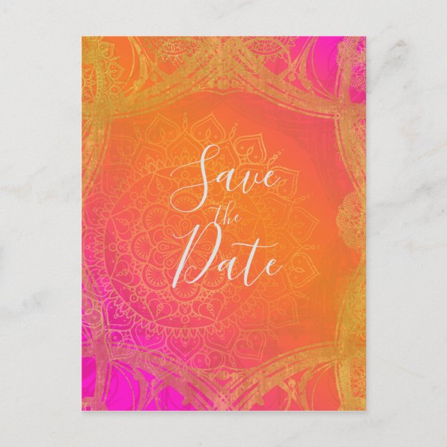 Fuchsia Pink Orange & Gold Mandala Save the Date Announcement Postcard (Front)
