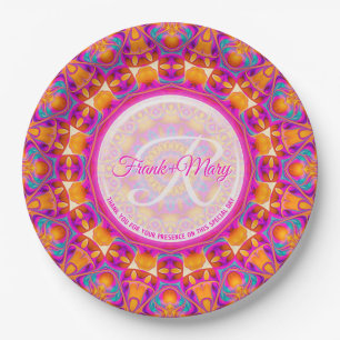 Fuchsia Pink Orange Party Mandala Monogram Paper Plate