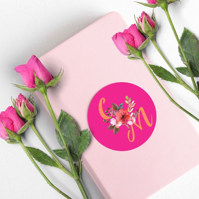 Fuchsia Pink Orange Purple Bright and Bold Floral  Classic Round Sticker (Creator Uploaded)