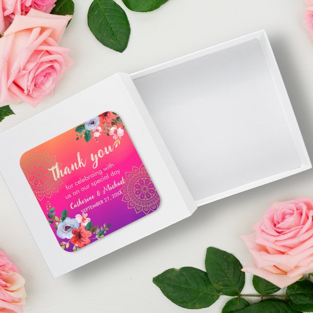 Fuchsia Pink Orange Purple Bright and Bold Floral  Square Sticker (Creator Uploaded)
