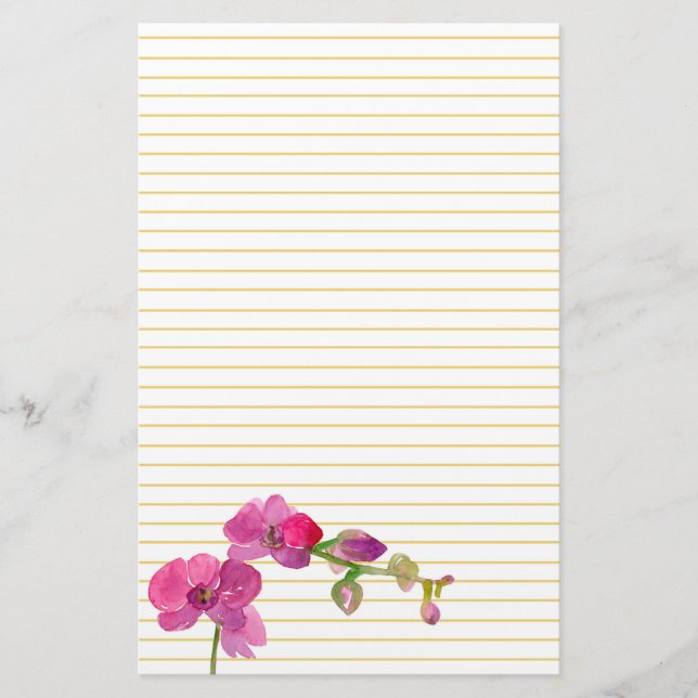 Fuchsia Pink Orchid Flower Yellow Lined Stationery (Front)