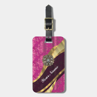 Fuchsia pink personalised pretty damask pattern luggage tag