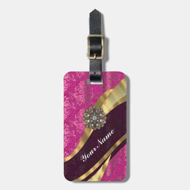 Fuchsia pink personalised pretty damask pattern luggage tag (Front Vertical)
