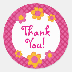 Fuchsia pink plaid cute thank you spring flowers classic round sticker