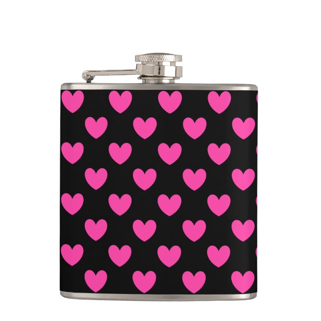 Fuchsia pink polka hearts on black hip flask (Front)