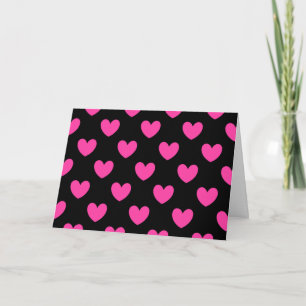 Fuchsia pink polka hearts on black holiday card